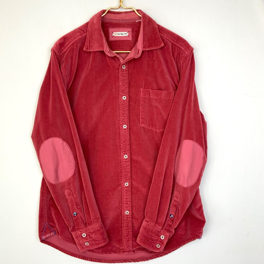 32 Bar Blues Sz Medium Red Velour Velvet Elbow Patches Button Down Shirt